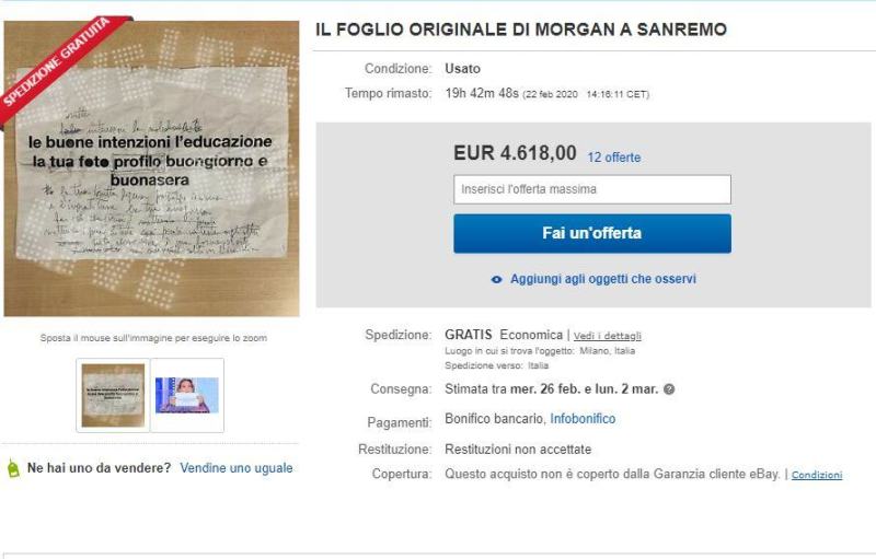 Morgan mette all'asta il foglio con il testo modificato del brano di Sanremo Morgan mette all'asta il foglio con il testo modificato del brano di Sanremo